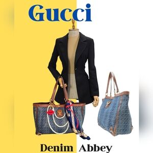 Gucci RARE Denim Abbey Blue and Brown Tote Bag